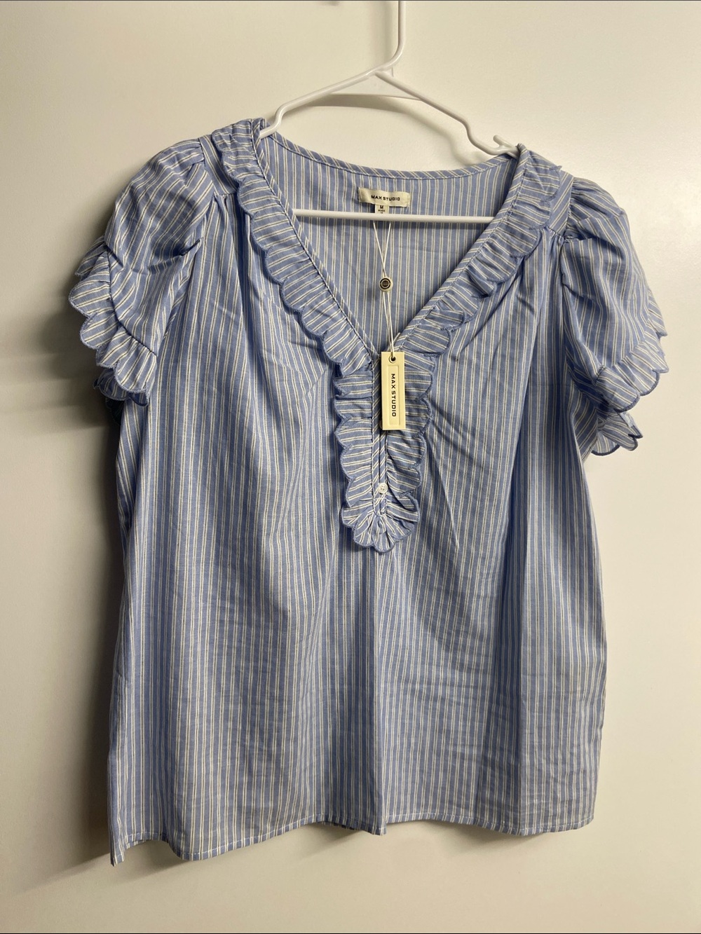 Max Studio Light Blue & White Striped Ruffle V-Neck Blouse